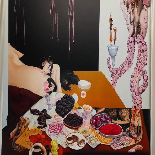 Image similar to sensual, a portrait in a female art student's bedroom, black walls, a woman sitting on a bed made of pancakes, honey dripping, berries dripping, chocolate, surgical supplies, ikebana, octopus, neo - expressionism, surrealism, acrylic and spray paint and oilstick on canvas