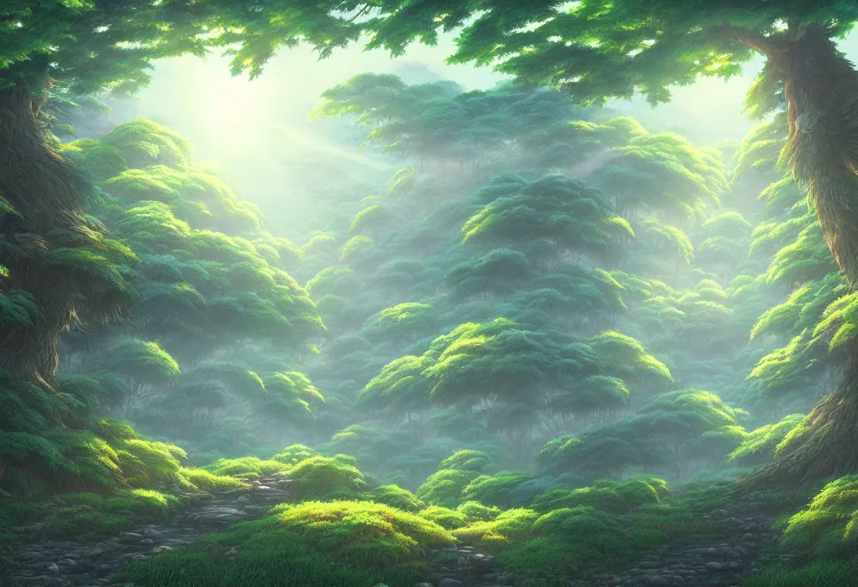 Image similar to a beautiful ultradetailed painting of forest, studio ghibli sunlight, archdaily, wallpaper, highly detailed, trending on artstation