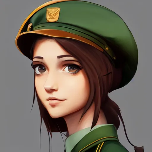 Image similar to portrait bust of young woman with long light brown hair and hazel eyes dressed in a sharp dark teal military uniform with beret, smiling, bokeh background, ilya kuvshinov, anime, ross tran, artgerm, concept art, artstation trending