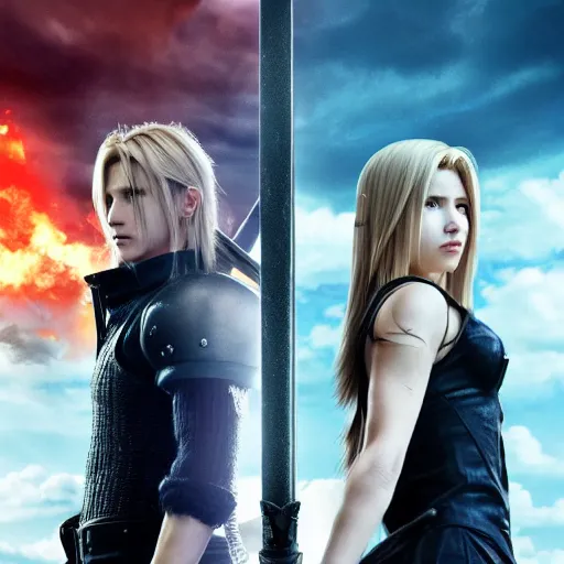 Image similar to final fantasy 7 live action movie poster, cinematic still image, ultra realism, ultra detailed, ultra realistic, 8 k