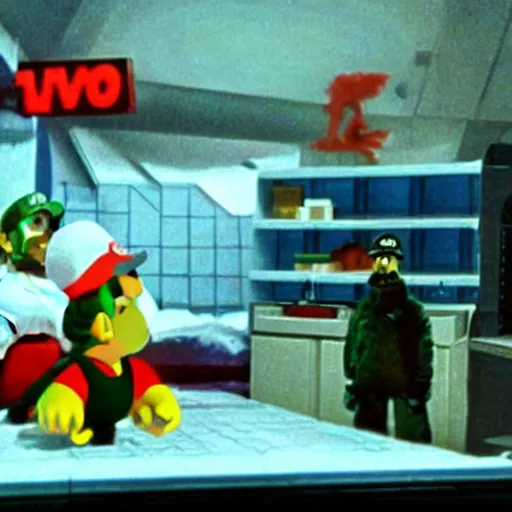 Image similar to a still of from the movie the thing ( 1 9 8 2 ) crossover with the game mario and luigi : partners in time