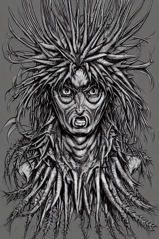 Image similar to thistle monster humanoid figure, symmetrical, highly detailed, digital art, needles, thorns, sharp focus, trending on art station, kentaro miura manga art style