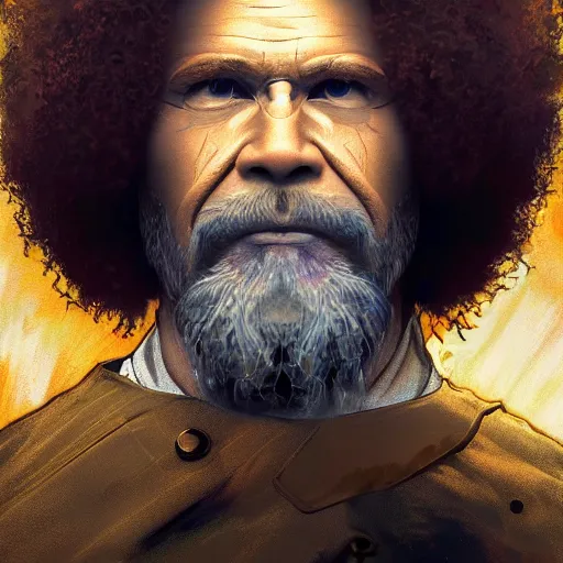 Image similar to bob ross cyborg with half of face covered in a robotic painting palette, art by artgerm and greg rutkowski and alphonse mucha, concept art, octane render, unreal engine 5, highly detailed, high quality, 8 k, soft lighting, realistic face, path traced
