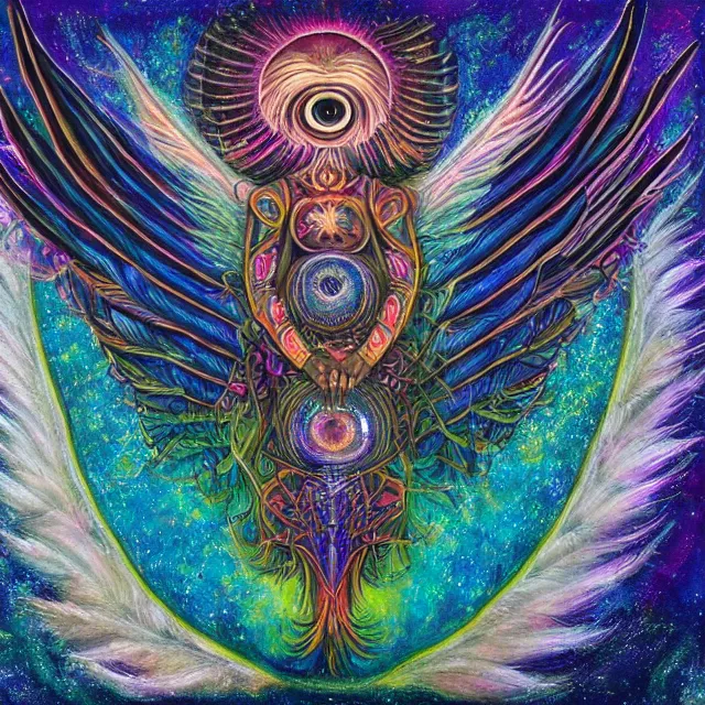 Image similar to angelic ophanim ophanim ophanim Lovecraftian celestial covered in eyes feathers and wings, oil painting award winning, chromatic aberration sharp psychedelic colors, symmetrical geometry sublime angel be not afraid