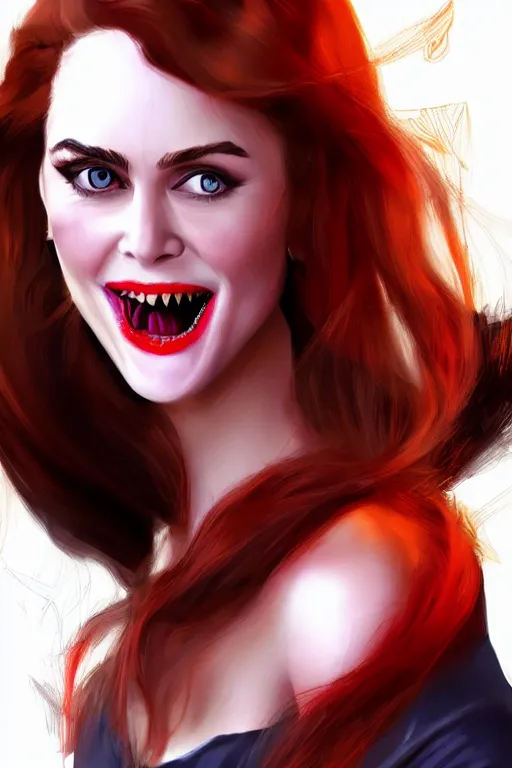 Image similar to mix of beautiful young maria shriver, mariel hemmingway, brooke shields, nicole kidman and elle macpherson as a vampire with mouth open with sharp teeth, thin lips, hair tied up in a pony tail, dark blonde hair, colorful, artstation, cgsociety