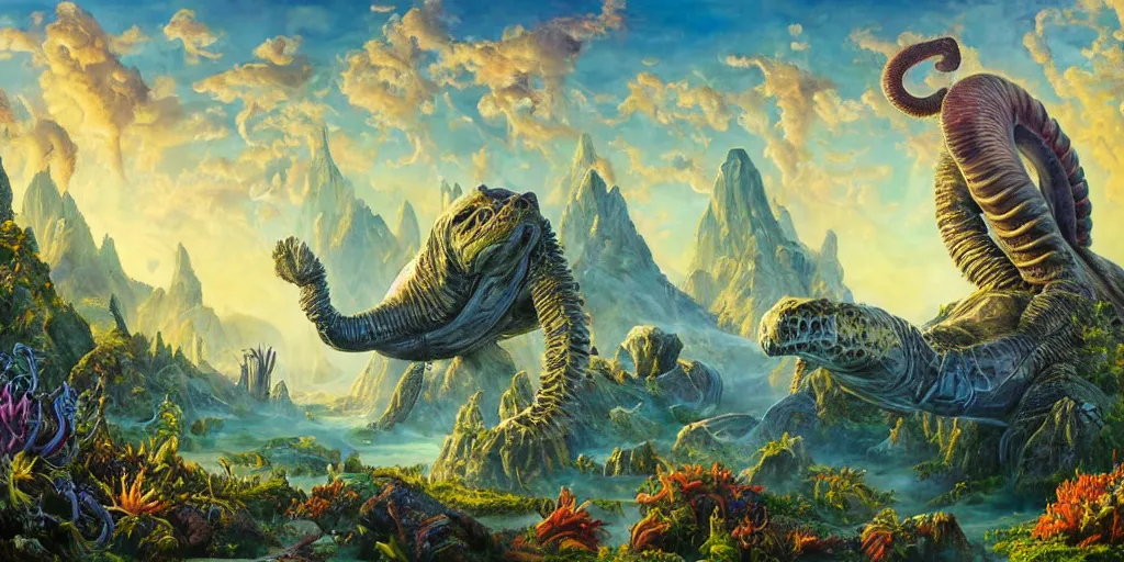 Image similar to fantasy oil painting, great leviathan, cybernetic turtle cephalopod terrapin reptilian pachyderm squid, bella hadid, hybrid, milla jovovich, anubis epic islamic city, natural light, lush plants flowers, spectacular mountains, bright clouds, luminous sky, outer worlds, golden hour, michael cheval, edward hopper, michael whelan, hd