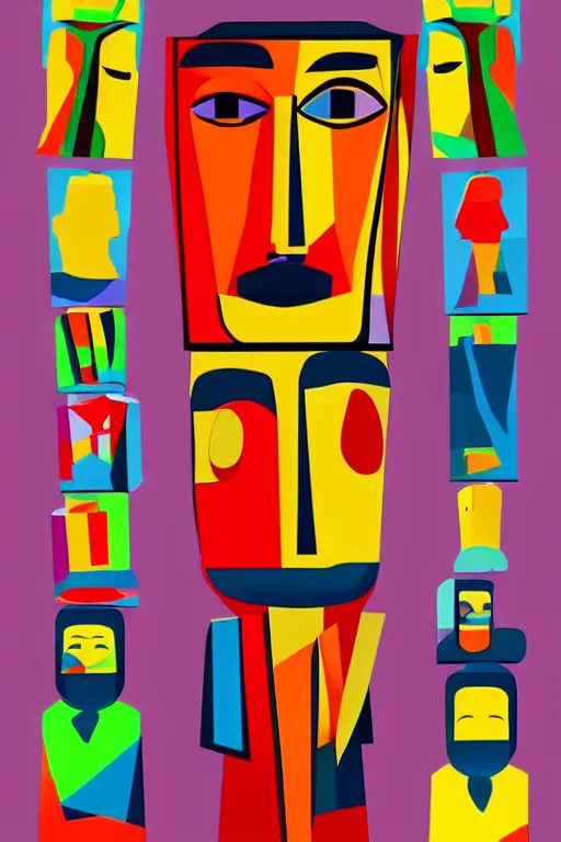 Image similar to cubist moai statue cutout digital illustration cartoon colorful beeple