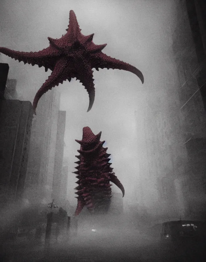 Image similar to very low - resolution found footage of a couple escaping in the city from a starfish kaiju monster, fog, foggy, korean film noir, monochrome, red hue, thriller, underdeveloped, epic, dramatic