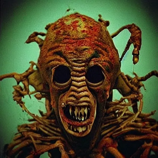 Image similar to “ugly grotesque gross insectoid mummy monster in a filthy dirty small room filled with garbage and networking cables. David Cronenberg. Body horror. Troma monster.”