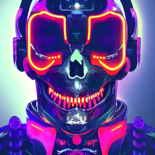 Image similar to full front face centered hyperdetailed portrait of a mecha skull ronin, 8k, digital painting, futuristic, black neon lights, trending on CG society