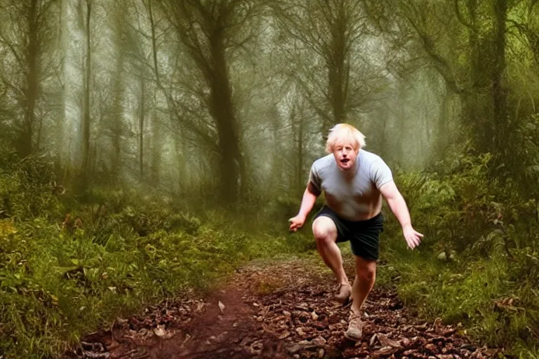 Image similar to boris johnson chasing you in a forest, trailcam footage, created by Mark Keathley