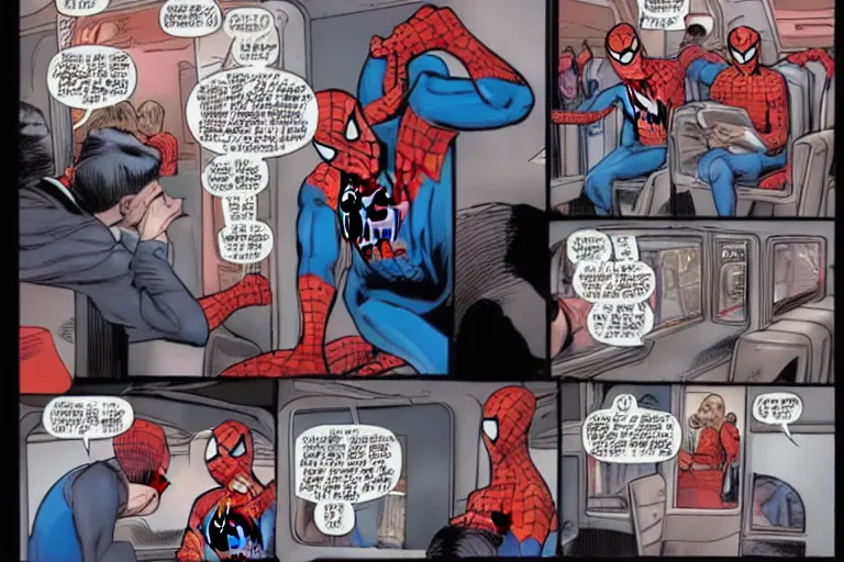 Image similar to spider man and spider man sitting in a train talking about the new marvel movie, as a panel of a Marvel comic