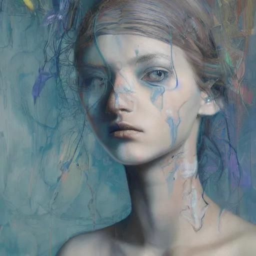 Image similar to ghostly female portrait in detail in oil paint by james jean,