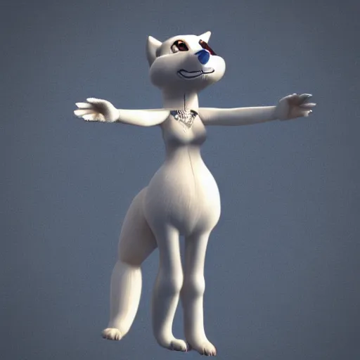 Image similar to 3 d render, well toned, large and tall, female, anthropomorphic wolf with a short snout, furless, fur with white spots, icey blue dress, blue scales covering her chest.