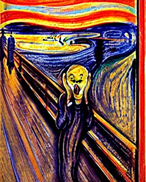 Image similar to the scream, fox, red fox, by edvard munch, fox, the scream