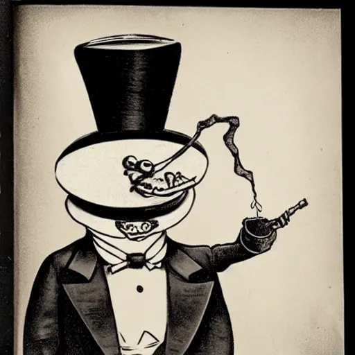 Image similar to Photograph of a gecko in a top hat smoking a cigar, holding a martini