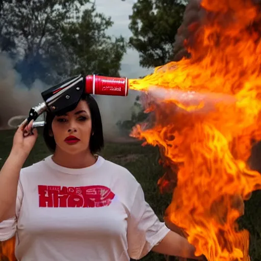 Image similar to a photo of a woman wearing a shirt holding a fire extinguisher, on her shirt writes two aunts