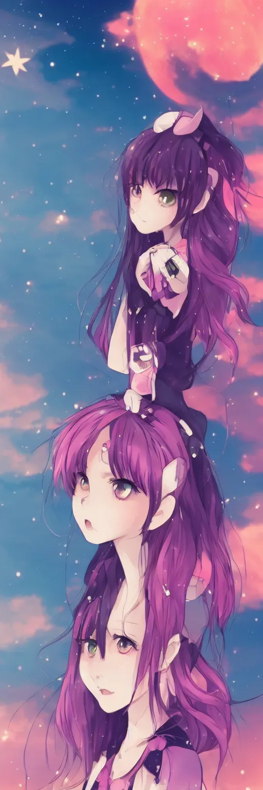 Image similar to A beautiful anime cat girl with pink hair, rule of thirds, digital art, iphone wallpaper, cgsociety, trending on artstation, sunset backgroung with shooting stars in the sky