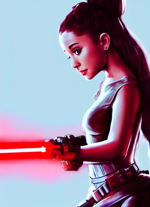 Image similar to Photo of Ariana Grande with a red lightsaber, Star Wars concept art, trending on artstation, dramatic lighting, photo-realistic