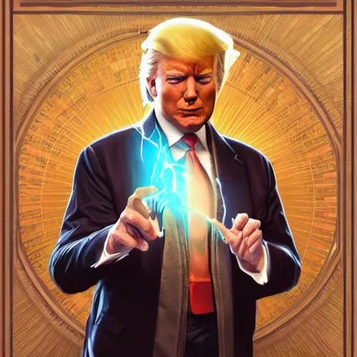 Prompt: Three quarters portrait of Donald Trump as a Wizard casting a spell, highly detailed, digital painting, art by Stanley Lau and Artgerm and magali villeneuve and Alphonse Mucha, artstation, octane render, cgsociety