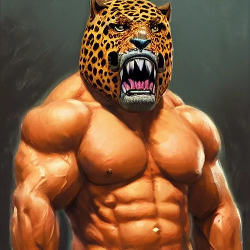 Prompt: Buff wrestler wearing a jaguar mask, closeup character portrait art by Donato Giancola, Craig Mullins, digital art, trending on artstation