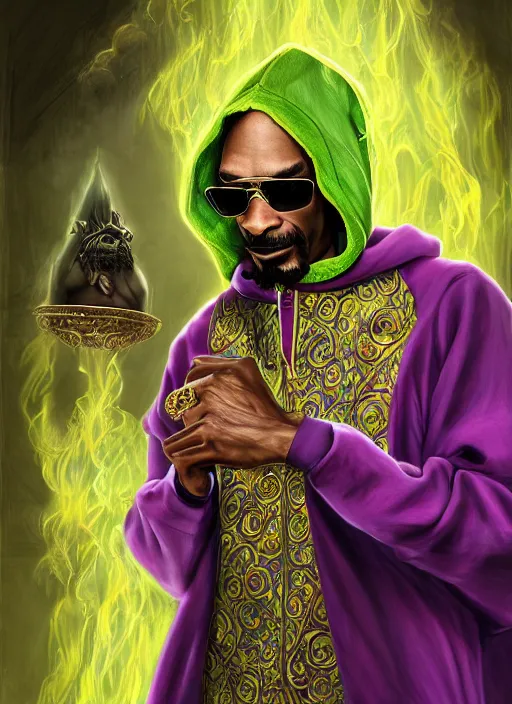 Image similar to snoop dogg as a wizard, short beard, grumpy, intricate green robes with purple accents, Ivan Aivakovsky, Boris Vallejo, epic fantasy character art, D&D Concept Art, full length, Realistic, Regal, Refined, Detailed Digital Art, Oil Paining, Exquisite detail, post-processing, masterpiece, Cinematic Lighting, Unreal Engine, 8k, HD, Stanley Artgerm Lau, WLOP, Rossdraws, Frank Frazetta, Andrei Riabovitchev, Marc Simonetti, trending on artstation,