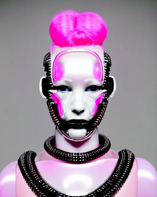 Image similar to symmetrical portrait of a biomechanical cyborg wearing a silicone swarovski studded iridescent beauty mask and neon pink hair buns, wearing a black bodysuit by alexander mcqueen, cream white background, soft diffused light, biotechnology, humanoid robot, bjork aesthetic, translucent, by rineke dijkstra, intricate details, highly detailed, masterpiece,