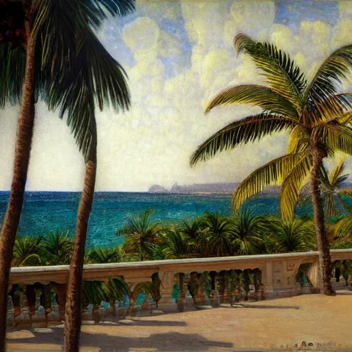 Prompt: a ultradetailed beautiful painting of the amazonas palace balustrade designed by jules bastien - lepage, tarsila do amaral, frank weston and gustave baumann, beach, trending on artstation, mediterranean, palm trees, detailed face, sharp focus, soft light, 8 k 4 k