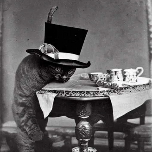 Prompt: a classy cat with a top hat sitting at an antique table and drinking his tea, 1 8 9 0 vintage photo