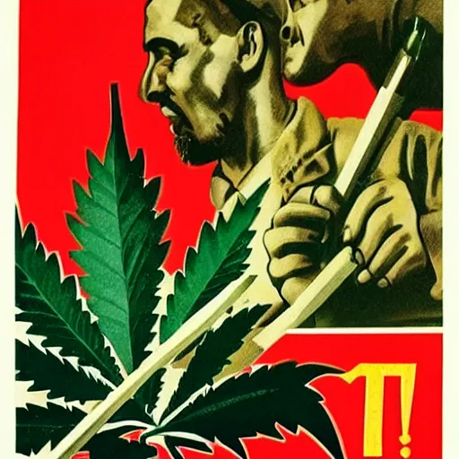 Image similar to a soviet era propaganda poster depicting marijuana