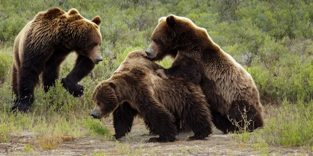 Prompt: A monster truck fighting a grizzly bear in its natural habitat