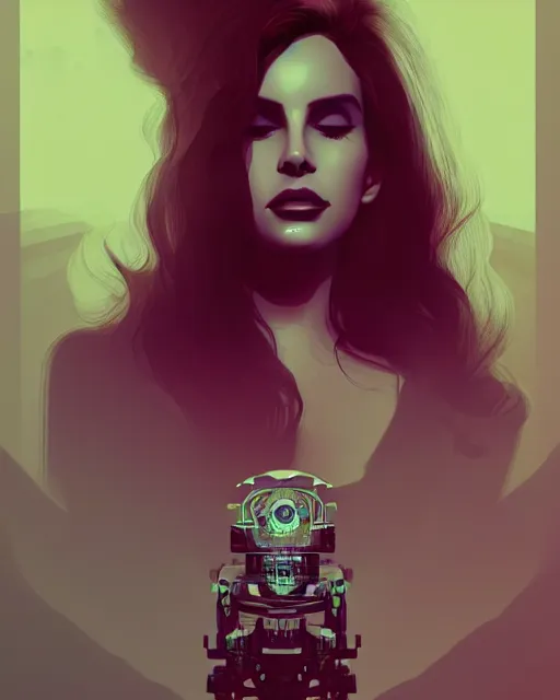 Image similar to portrait of lana del rey as a cyborg. intricate abstract. intricate artwork, by tooth wu, wlop, beeple, dan mumford. concept art, octane render, trending on artstation, greg rutkowski very coherent symmetrical artwork. cinematic, key art, hyper realism, high detail, octane render, 8 k, iridescent accents