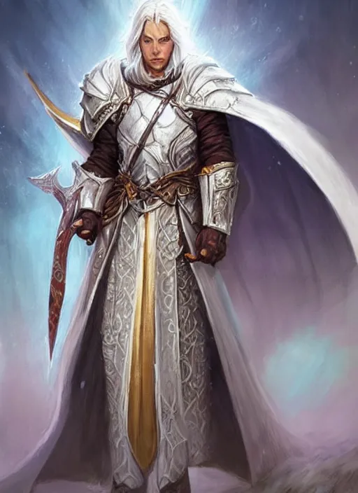 Prompt: white cloak paladin, ultra detailed fantasy, dndbeyond, bright, colourful, realistic, dnd character portrait, full body, pathfinder, pinterest, art by ralph horsley, dnd, rpg, lotr game design fanart by concept art, behance hd, artstation, deviantart, hdr render in unreal engine 5