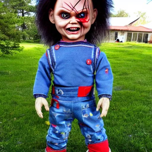 Prompt: Chucky the killer doll standing out in the yard