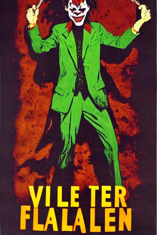 Prompt: Willem Dafoe as the Joker on a 1970s horror movie poster , vintage 70s print, scary, horrifying, terror