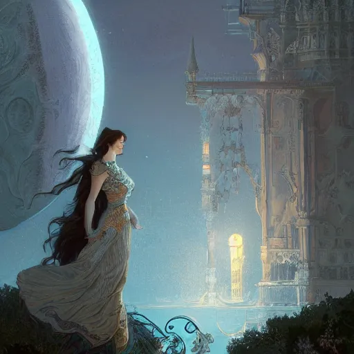 Prompt: detailed full body retro fantasy moon ultra detailed 4k digital painting, artstation, concept art, soft light, hdri, smooth, sharp focus, illustration, fantasy, intricate, elegant, highly detailed, D&D, matte painting, in the style of Greg Rutkowski and Alphonse Mucha and artemisia, 8k, highly detailed, jurgens, rutkowski, bouguereau, pastoral, rustic, georgic