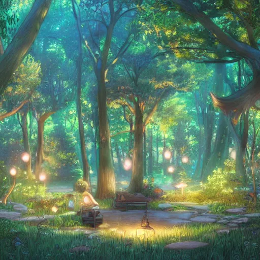 Image similar to the aesthetic view of the beautiful, grand, wistful, dreamy hidden forest at dusk, hyperrealistic anime illustration by iralki nadar, colorful, extremely detailed, intricate linework, super sharp focus, bright colors, octopath traveler, studio ghibli, unreal engine 5 highly rendered, global illumination, radiant light, detailed and intricate environment