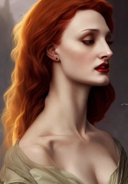 Prompt: sansa angeline jolie gessica chastain vampire, intricate, elegant, highly detailed, digital painting, artstation, concept art, smooth, sharp focus, illustration, art by artgerm and greg rutkowski and alphonse mucha and william - adolphe bouguereau