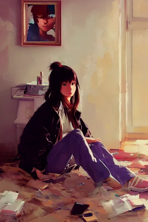 Prompt: A ultradetailed beautiful panting of a stylish girl sitting on the floor of a messy apartment, she is wearing an oversized jacket, Oil painting, by Ilya Kuvshinov, Greg Rutkowski and Makoto Shinkai