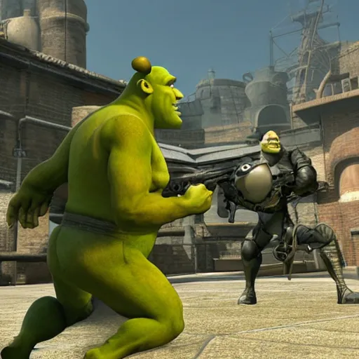 Image similar to ultra wide gameplay screenshot, shrek fighting with steven armstrong ( metal gear ) on a helipad, epic, world record, digital illustration radiating a glowing aura global illumination ray tracing hdr fanart arstation