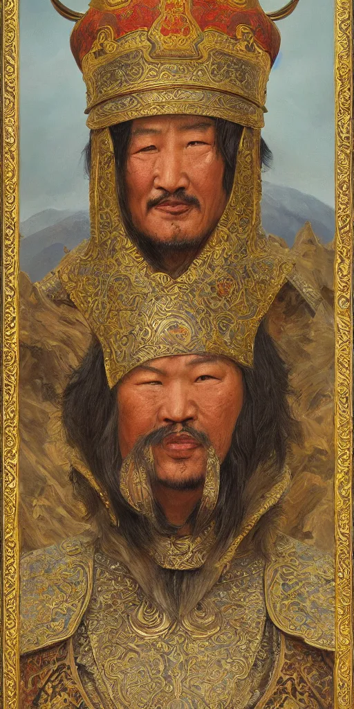 Image similar to a stunning and noble highly detailed romantic period style portrait of Genghis Khan by Josep Tapiró Baró, trending on artstation, oil painting masterpiece, symmetry, fractals, Mongolian iconography