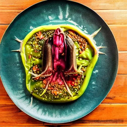 Prompt: alien food on a plate from above