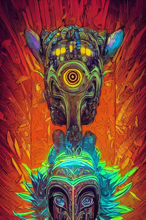 Image similar to totem animal tribal chaman vodoo mask feather gemstone plant wood rock video game illustration vivid color borderlands by josan gonzales and dan mumford radiating a glowing aura