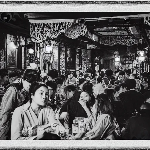 Image similar to crowded opium den, monochrome film, dreamlike,