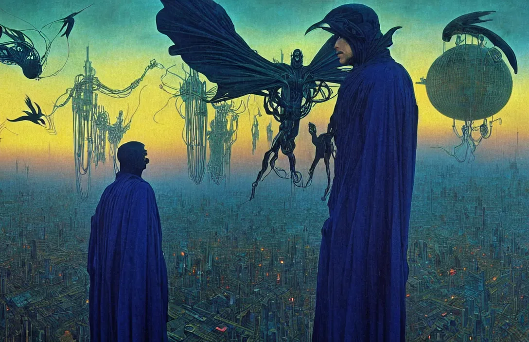 Image similar to realistic detailed portrait movie shot of a birdman wearing dark ragged robes, futuristic city sunset landscape background by denis villeneuve, amano, yves tanguy, alphonse mucha, ernst haeckel, max ernst, roger dean, ridley scott, rich moody colours, blue eyes