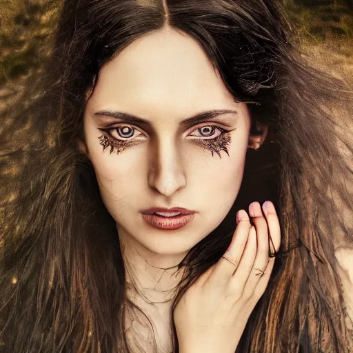 Image similar to a portrait of a beautiful witch maiden, dark eyes, dark hair, olive skin, depth of field, zeiss lens, detailed, centered, artstation, fashion photoshoot, by Annie Leibovitz and Steve McCurry, David Lazar, Jimmy Nelsson, Breathtaking, 8k resolution, extremely detailed, beautiful, establishing shot, artistic, hyperrealistic, beautiful face, octane render