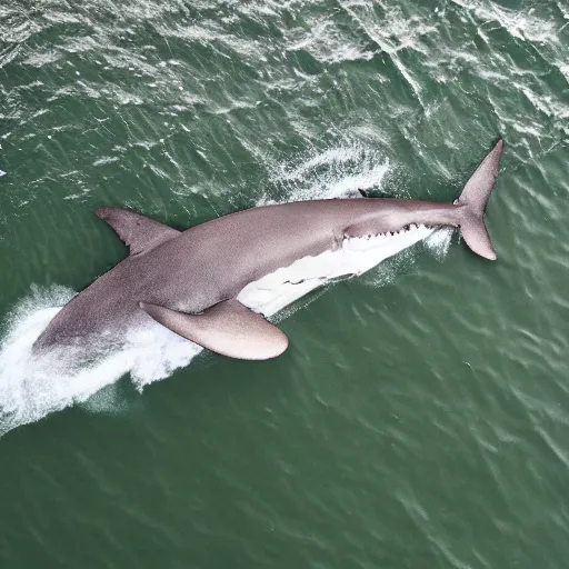 Image similar to an aerial photograph of a giant shark underneath a small boat. photograph. high quality. national geographic.