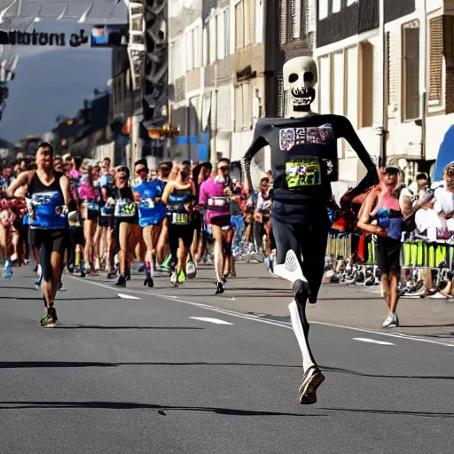 Prompt: A skeleton winning a marathon, a skeleton running in a marathon, associated press photo, award winning photograph, dynamic pose, 8k, award-winning, sharp focus