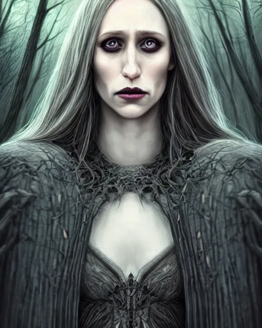 Image similar to gorgeousTaissa Farmiga evil witch, realistic character concept, full body shot, spooky, illustration, symmetrical face and body, realistic eyes, cinematic lighting, hyperdetailed, detailed realistic symmetrical eyes, 8k, high resolution, Charlie Bowater, Tom Bagshaw, single face, insanely detailed and intricate, beautiful, elegant, dark forest and trees, vfx, postprocessing