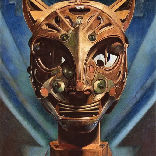 Prompt: masterpiece sculpture of a mechanical robot cat head mask, by annie swynnerton and diego rivera and nicholas roerich and jean delville, symbolist, dramatic lighting, god rays, elaborate geometric ornament, art brut, soft colors, smooth, sharp focus, extremely detailed, adolf wolfli and ( donato giancola )